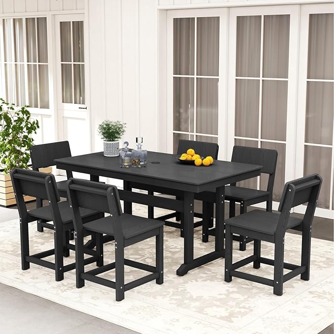 7-Piece HDPE Outdoor Patio Dining Set,Modern Plastic Dining Sets，Patio Table and Chairs Set with Umbrella Hole Cut-Out Table and 6 Chairs Black