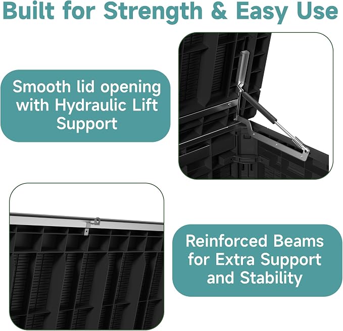 260 Gallon Waterproof Outdoor Storage Box, UV Resistant Resin Deck Box with Hydraulic Rod for Reinforced Stability, Perfect for Patio, Garden, and Pool, Striped Black