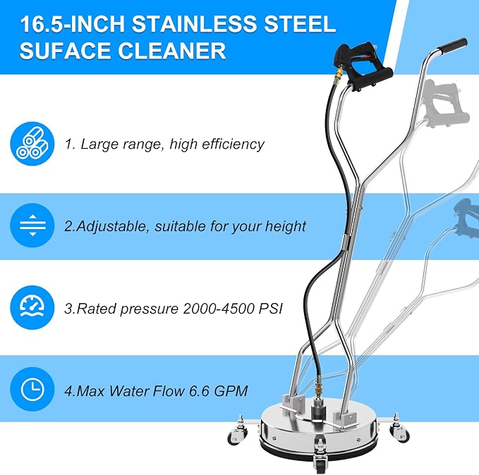 16" Pressure Washer Surface Cleaner with 304 Industrial-Grade Stainless Steel Housing, Dual Handle, 4500 PSI Driveway Pressure Washer Attachment, 2 Replacement Nozzles, for Concrete, Sidewalk, Deck
