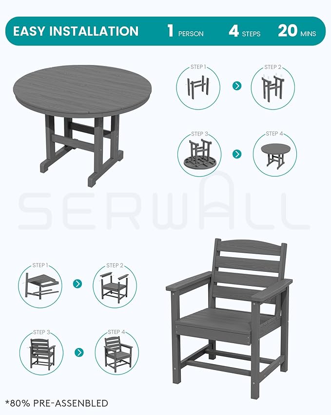 SERWALL 6-Piece Patio Dining Sets, HDPE Outdoor Table and Chairs Furniture Set with Umbrella, 45" Round Dining Table & 4 Dining Chairs & 1 9FT Umbrella, Gray(Not Include Umbrella Base)