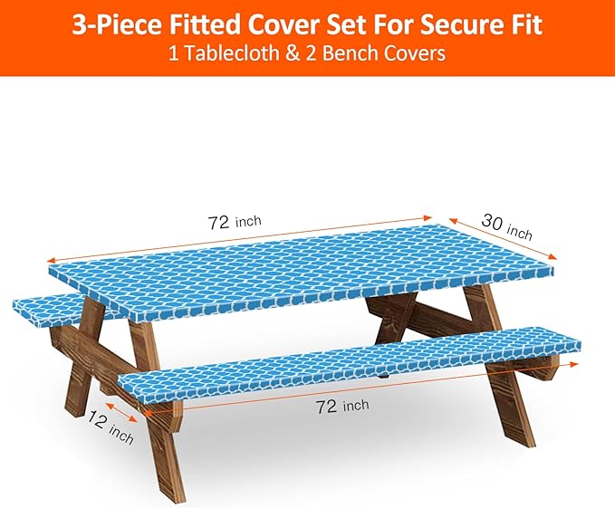 KENOBEE 6ft Picnic Table and Bench Cover, Camping Essentials RV Gear, 72 in Waterproof Windproof Outdoor Elastic All Around Tablecloth, Fitted Rectangle Tables and Seats, Blue-White Moroccan