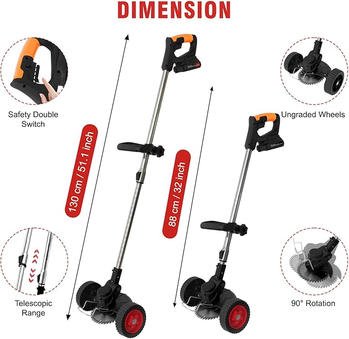 ALSO GO 24V Electric Weed Wacker, Cordless Grass Trimmer, 3 in 1 Weed Trimmer with 2 * 2000mah Batteries & Charger, Battery Powered Weed Eater/Brush Cutter/Edger with Wheels for Garden, Yard Lawn