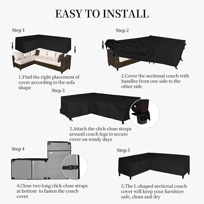 Easy-Going 600D Patio L-Shaped Sectional Sofa Cover, 85"X110" Waterproof Heavy Duty Outdoor Garden Furniture Cover with Air Vent (Left Facing, Black)