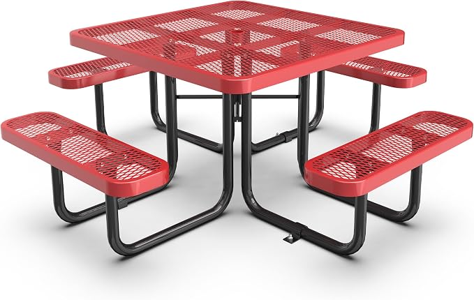 KEIKI 76.6" Heavy-Duty Steel Outdoor Picnic Table w/1.9" Umbrella Hole, Square Patio Dining Table for 4–8 People, Weather-Resistant Coated Metal Frame, Sturdy Thick Legs for Backyard, Park, Red