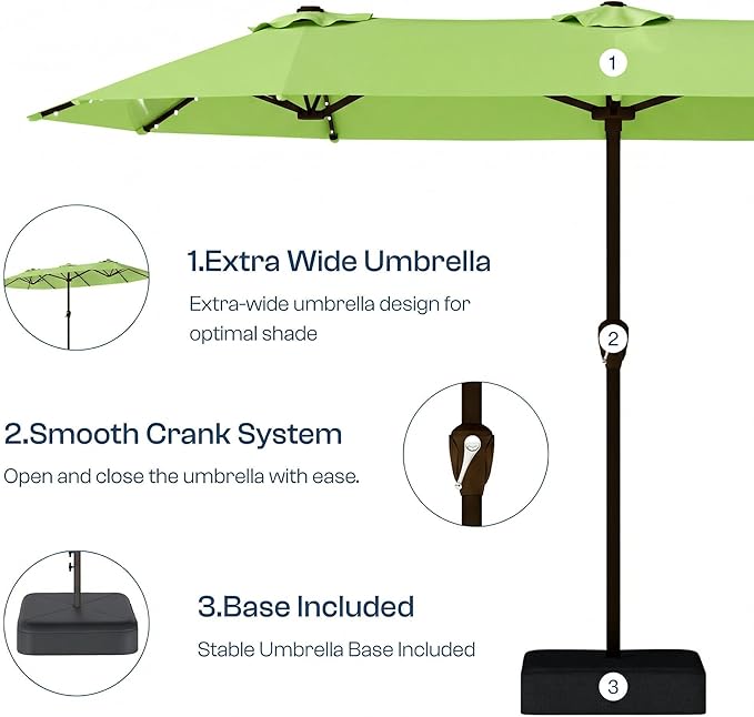 15FT Patio Umbrella with Solar Lights, Double-Sided Extra Large Outdoor Table Umbrella with Base Included, Heavy-Duty 12 Iron Ribs Market Umbrella for Garden, Pool, Backyard, Apple Green