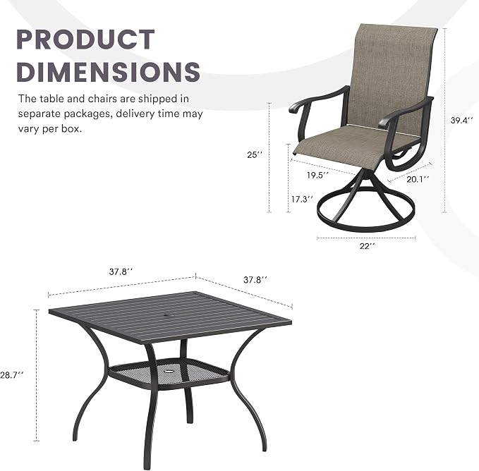 5 Pieces Patio Furniture Dining Set, 4 Textilene Swivel Dining Chairs, 38" Outdoor Square Metal Table with Storage Shelf and 1.57" Umbrella Hole, Outdoor Dining Set for Porch, Lawn, Black/Brown