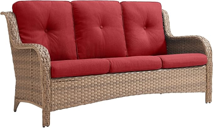 Rilyson Outdoor Couch Wicker Patio Sofa - 3 Seat Rattan Sofa with Deep Seating and Comfortable Cushions for Porch Deck Balcony Garden(Yellow/Red)