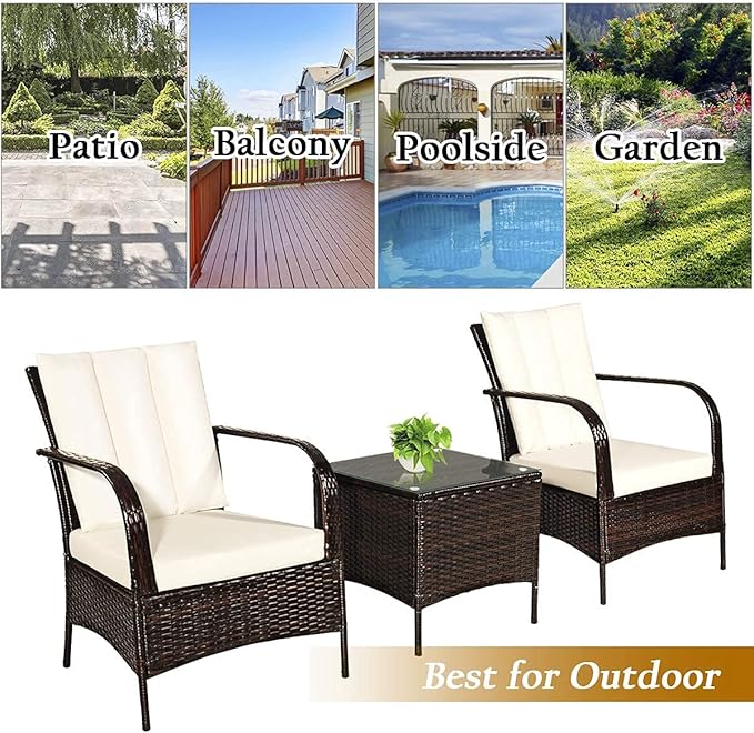 Tangkula 3 Piece Patio Furniture Set, 2 Wicker Chairs with Glass Top Coffee Table, Outdoor Garden Porch Poolside Furniture Set for 2, Rattan Conversation Set (Cream)