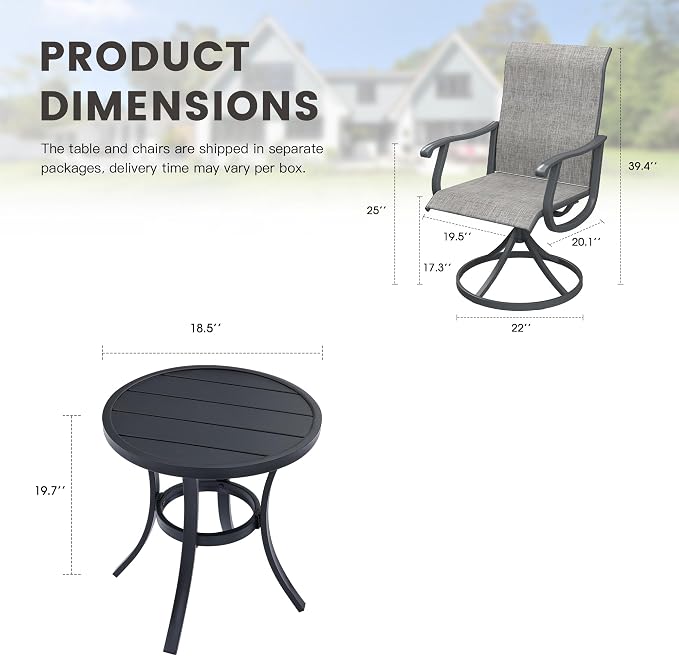 Outdoor Dining Set for 2, 18.5" Metal Round Patio Side Table and Sling Patio Swivel Chairs, 3 Pieces Patio Table and Chairs Set for Garden Backyard, Grey and Black