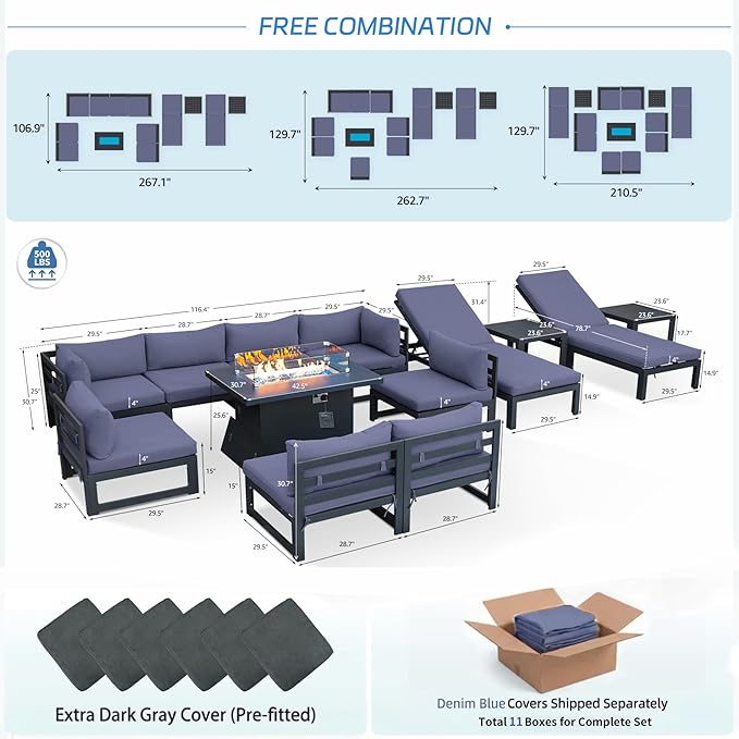 NICESOUL 13 Pcs Large Modern Aluminum Outdoor Sofa with Lounger & Fire Pit Table, 29" Deep Seat, 500 lbs Durable Sectional Set for Heavy People, All Weather Patio Furniture Set for Garden, Denim Blue