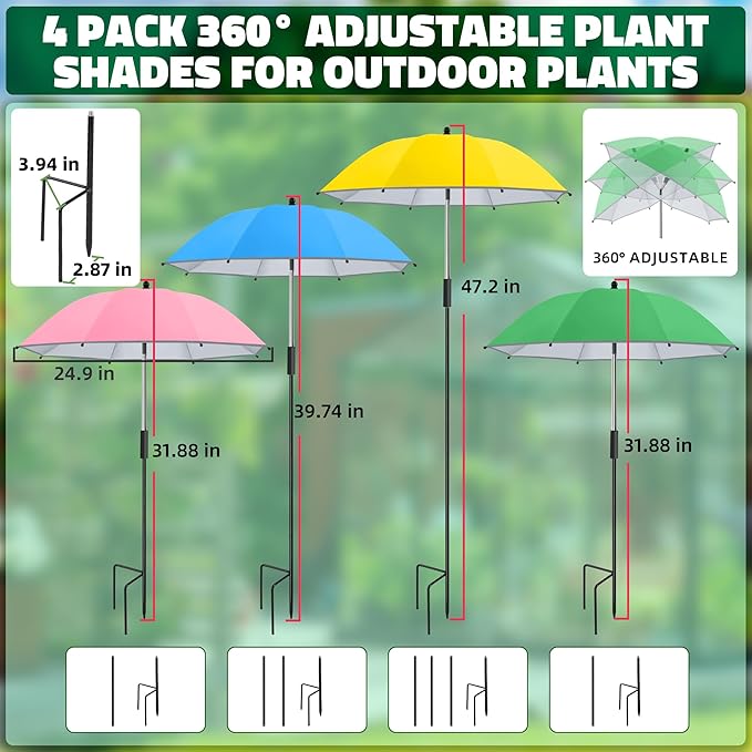 4 Pack 24.9" Plant Umbrellas for Outdoor Plants,47.2" Height Small Umbrella with Reflective Strip, Adjustable Plant Shades for Outdoor Plants, Garden, Potted