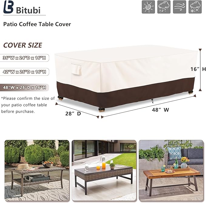 Bitubi Waterproof Patio Coffee Table Cover, Rectangular Outdoor Small Side Table Cover - Fits up to 48L x 28W x 16H inches, Brown