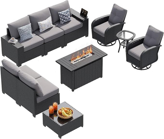 LazySunsets 10 PCS Patio Furniture Set with 44'' Fire Pit Table, Outdoor Sectional All-Weather Wicker Conversation Set with Swivel Rocker Chairs, 4'' Thick Cushions for Backyard Poolside(Crey/Black)