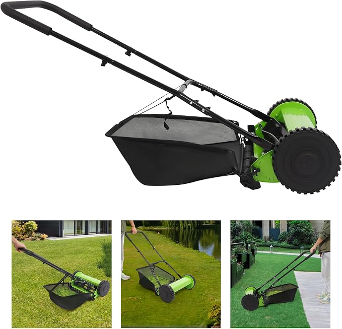 16 in Push Reel Lawn Mower, Cordless Manual Reel Lawn Mower with 0.67-1.3 in Adjustable Mowing Height 5-Blade Walk-Behind Steel Lawn Mower with Large Capacity Grass Bag for Green Lawns