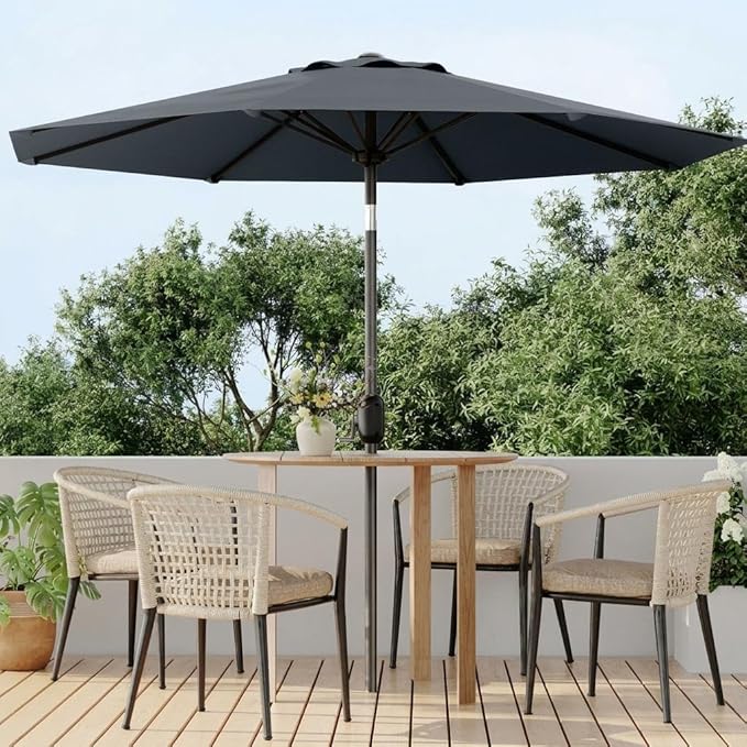 IDEALHOUSE 9FT Outdoor Patio Umbrella, Market Table Umbrella with Crank Lift & Push Button Tilt, Heavy-Duty Iron Frame & Polyester Canopy for Garden, Deck, Backyard, Pool
