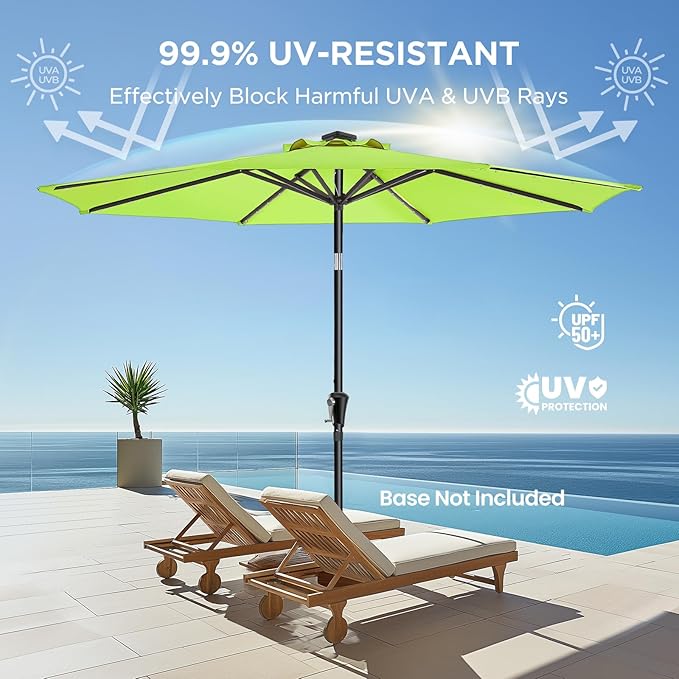 HOMSHADE 9ft Solar Patio Umbrella - Solar Lights LED Lighted Outdoor Market Table Umbrella, UPF50+ UV Protection with Push Button Tilt, Crank for Pool Deck and Garden (Apple Green)
