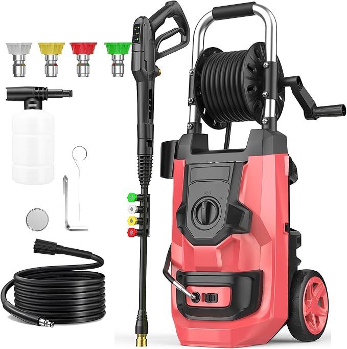 2026 New Pressure Washer 5000 PSI with 3 Levels Adjustable Pressure Gun, Portable Pull-Handle, 4 Nozzles and Foam Cannon, Heavy Duty Power Washer for Home/Car/Fence/Garden, Red