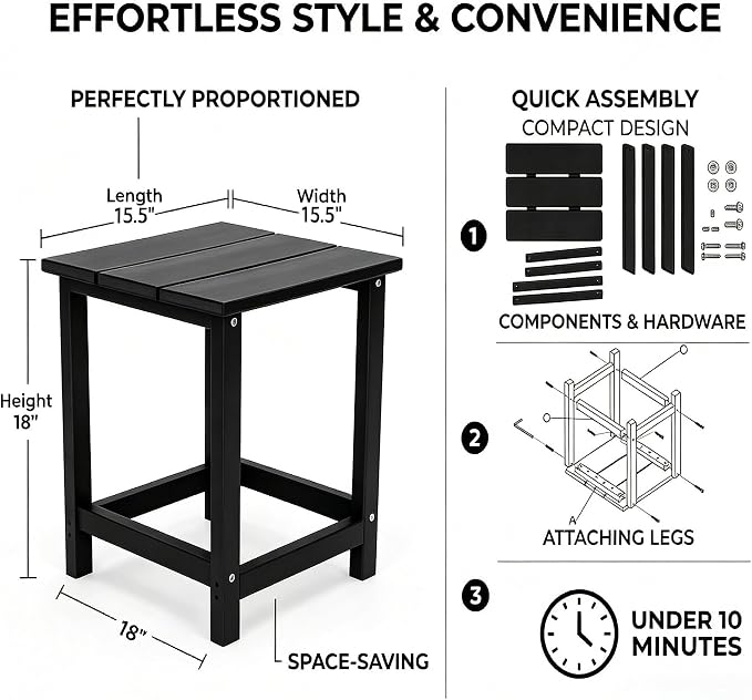 AMILY HDPE Outdoor Square Side Table, All Weather Patio End Table for Adirondack Chair, Heavy Duty Garden Poolside Balcony Table, Easy Assembly (Black)