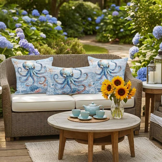 Coastal Octopus Waterproof Outdoor Pillow Covers Set of 2 Home Decor, Nautical Sea Starfish Coral Wooden Grain Pillowcase Patio Pillow Covers for Couch Bench Furniture Garden 20x12in