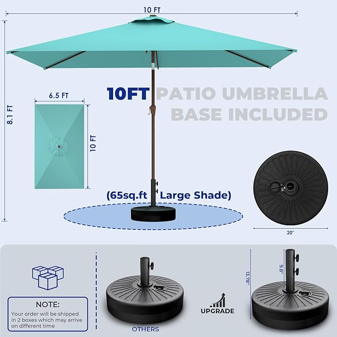 BRIOPAWS 6.5X10 FT Rectangular Patio Umbrella with Base Included | Rectangle Outdoor Umbrellas | 6 Sturdy Steel Ribs | Push Button Tilt & Crank | Heavy Duty for Garden Lawn Deck Backyard Pool |