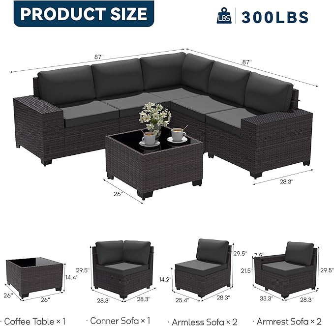 Patio Furniture Set 6 Pieces Outdoor Sectional Sofa Set,PE Rattan Wicker Patio Conversation Set with Thickened Cushions and Glass Coffee Table,Grey