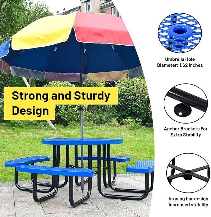 46" Thermoplastic Picnic Table with Umbrella Hole up to 1.5", Heavy Duty Commercial Picnic Table for Outdoor, Family & Party Ready for School Camping, Round, Blue
