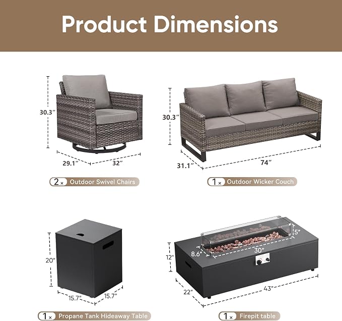 HUMMUH Patio Furniture Set with Fire Pit Table,5 Piece Wicker Outdoor Conversation Sets -Outdoor Swivel Rocker Chairs Patio Sofa for Porch,Garden,Backyard