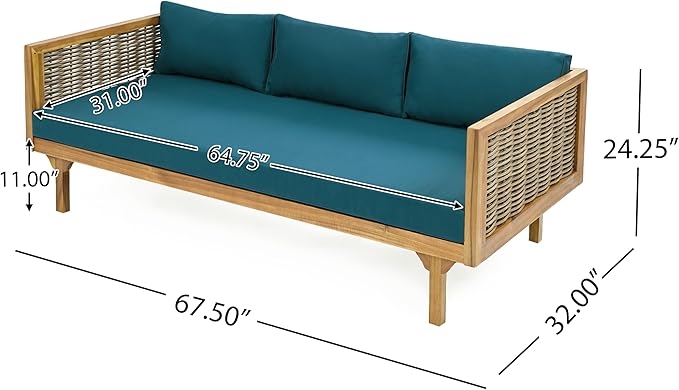 Merax Outdoor Acacia Wood Conversation Set - Patio 3-Seat Loveseat Sofa w/Coushion and Round Coffee Table for Backyard, Lawn, Balcony, Teak+Teal/LightTeak