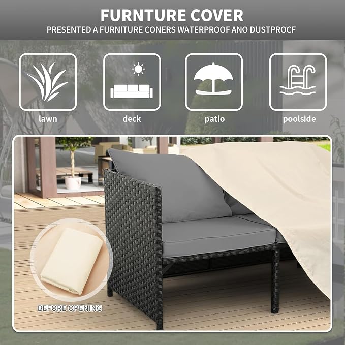 3-Piece Outdoor PE Rattan Furniture Set Patio Black Wicker Conversation Loveseat Sofa Sectional Couch Turquoise Cushion(Gray)