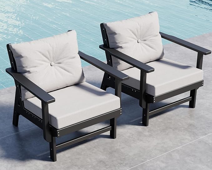 GREENVINES Outdoor-Couch-Set-of-2 | HDPE Plastic | Patio Sectional Conversation Sets | All Weather Couches | Sofa with Detachable Armrests | for Porch Deck Lawn | Black Frame Light Gray Cushion