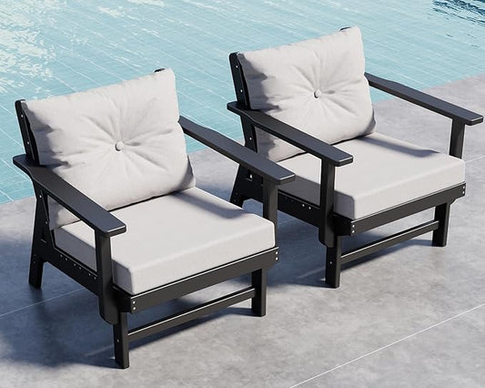 GREENVINES Outdoor-Couch-Set-of-2 | HDPE Plastic | Patio Sectional Conversation Sets | All Weather Couches | Sofa with Detachable Armrests | for Porch Deck Lawn | Black Frame Light Gray Cushion