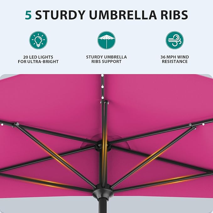 AreShark 9ft Patio Half Umbrellas with Solar Lights, 1/2 LED Half Outdoor Umbrella w/ 20 LED Lights, Lighted Table Wall Umbrella with Crank & 5 Sturdy Ribs for Market, Pool, Deck, Lawn and Garden, Rose Pink