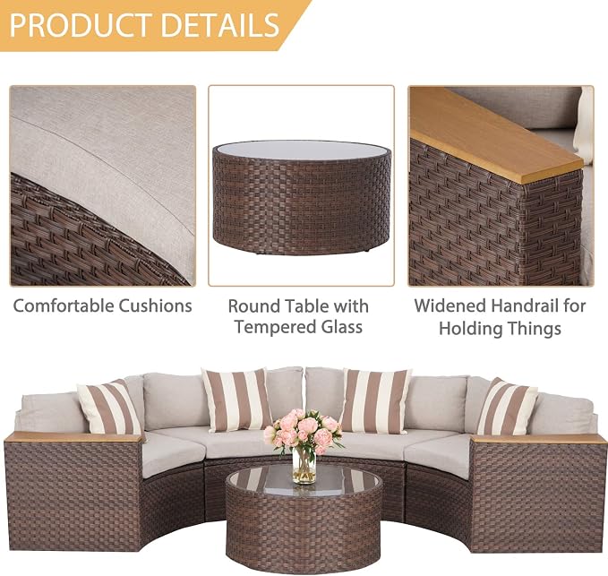 Incbruce Outdoor Half Moon Patio Furniture 5-Piece Curved Outdoor Sofa, All-Weather Outdoor Sectional Furniture Patio Conversation Sets with Round Tempered Glass Top Table(Brown Cushions)