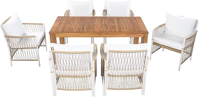 Merax 7 Piece Patio Dining Set, Outdoor Acacia Wood Rectangular Dinning Table with Sturdy Legs and 6 Rattan Arm Chairs w/Cousions & Pillows for Backyard,Balcony, Garden, Poolside, Natural