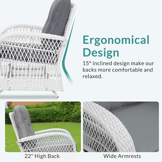 MEETWARM Patio Wicker Rocking Glider Set, All-Weather Outdoor Rattan Patio Rocking Chairs of 2, Patio Conversation Set with Thickened Cushions for Garden Porch & Backyard, White Wicker/Grey