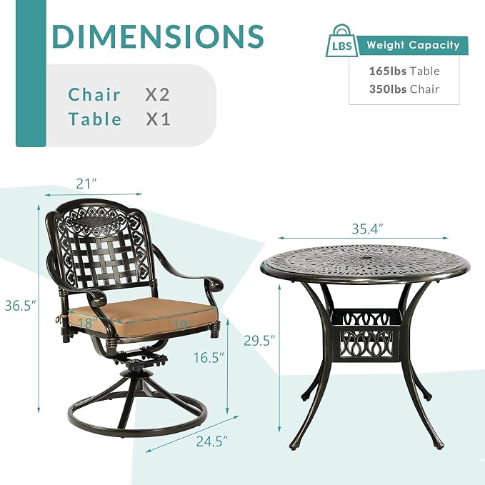 MEETWARM 3-Piece Outdoor Patio Dining Set, All-Weather Cast Aluminum Patio Conversation Set with 2 Cushions Swivel Rocker Chairs and 35.4" Round Table for Backyard Garden Deck, 2.2" Umbrella Hole