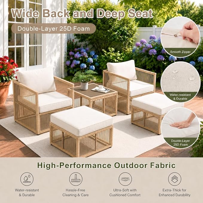 5 Piece Patio Furniture Set, Outdoor Sectional Sofa Set with 2 Ottomans, Coffee Table, Washable Cushions, All Weather Patio Wicker Conversation Set with Arm Chairs for Backyard, Porch, Balcony, Deck