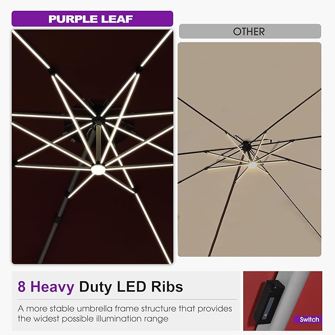 PURPLE LEAF 13ft Patio Umbrella with Lights Outdoor Round Large Cantilever Umbrella Solar Powered LED Windproof Offset Umbrella Heavy Duty for Garden Deck Pool Patio, Brick Red