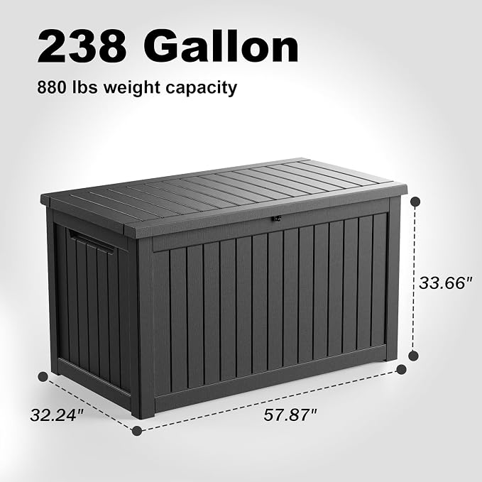 ROJIK Outdoor Storage Housing Deck Box - Waterproof Patio Furniture, Garden Tools, Cushions, Pool Accessories Storage Bench with Lockable Lid and Side Handles (Black 238 Gal)