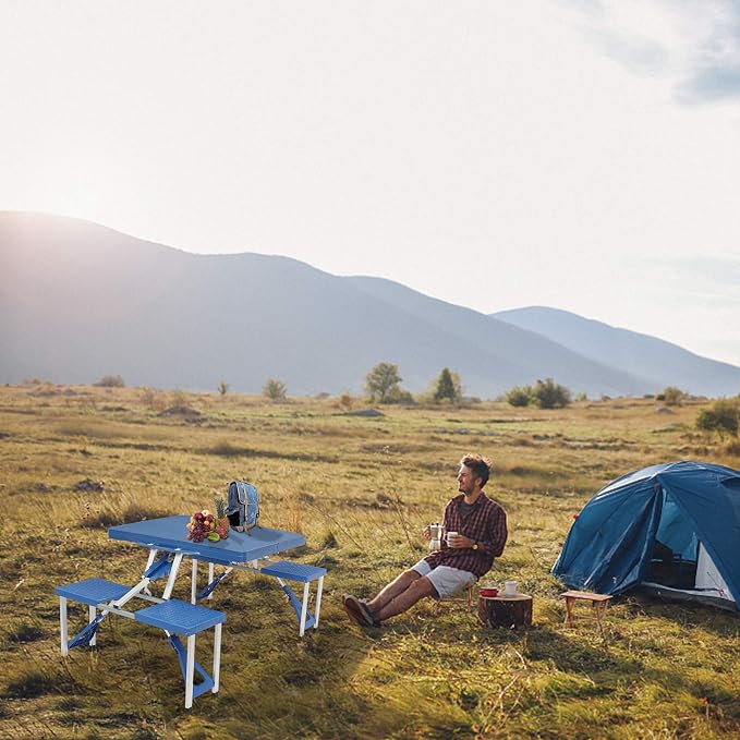 Picnic Table,Folding Picnic Table with Umbrella Hole, Aluminum Suitcase Portable Outdoor Table with Bench, Patio, Porch or Camping Table and Chair Set (Blue, Plastic PS Thickened)