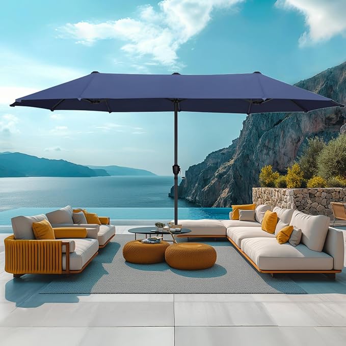 MFSTUDIO 13ft Outdoor Patio Umbrella, Double Sided Large Rectangular Umbrella Market Table Twin Triple Rectangle Umbrellas with Crank Handle for Outside Picnic Backyard Deck Pool (no base)