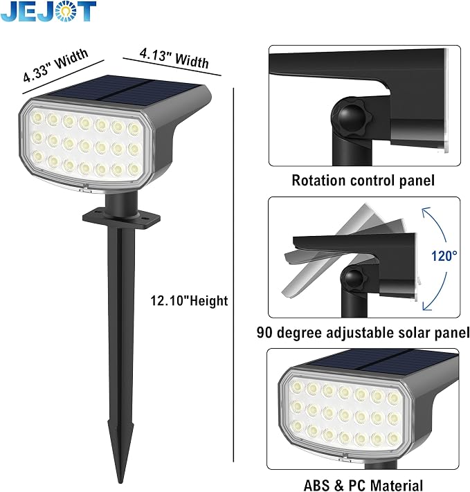 JEJOT Solar Lights Outdoor Waterproof IP65, Super Bright LED with Lens, 3000K 2 Lighting Modes, Solar Powered Yard Garden Solar Spot Lights for Outside Landscape Auto On/Off -4 Pack