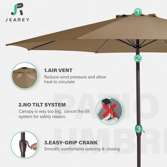 JEAREY 12' Patio Umbrellas Outdoor Table Market Umbrella w/Crank, 8 Sturdy Ribs, UV Protection Windproof for Garden, Deck, Backyard, Pool(Sand)