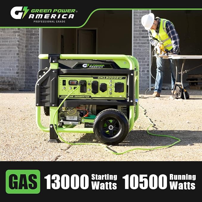 Green-Power America Portable Generator 13000 Watt,Gasoline Powered,Recoil/Electric Start, 12V-8.3A Charging Outlets, Home Back Up & RV Ready