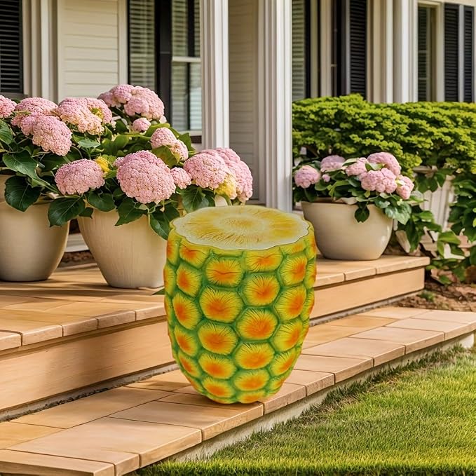 14" Pineapple Stool Side Table Home Decor, Weather Resistant Resin Garden Stool Plant Stand, Multi-Purpose Fruit End Table for Patio, Balcony, Indoor & Outdoor Decoration
