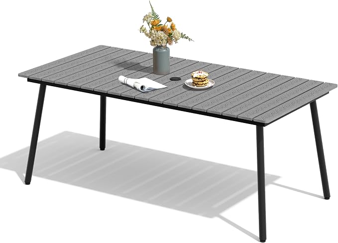 70" Patio Outdoor Dining Table for 6, Weather-Resistant Aluminum Frame with Wood-Grain Top & Umbrella Hole for Deck Gatherings, Gray