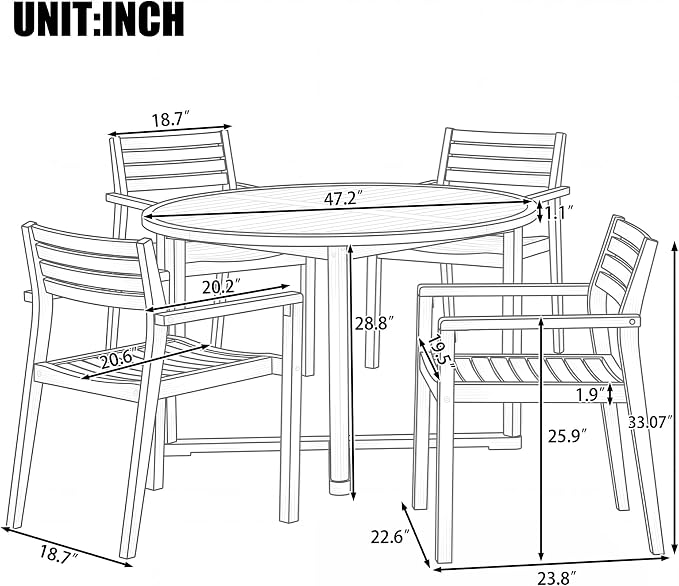 5 Pieces Outdoor Acacia Wood Dining Table Set with 47.2" L Slatted Round Table and 4 Chairs, Modern Patio Dinner Set with Cushions for Backyard, Lawn, Garden, Poolside or Indoor, Light Gray