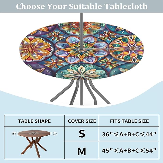 OSAM SPACE Outdoor Tablecloth with Umbrella Hole, Round Elastic Fitted Table Cloth with Invisible Zipper,Dark Colorful Mandala Flower Picnic Patio Table Cover 45-56in