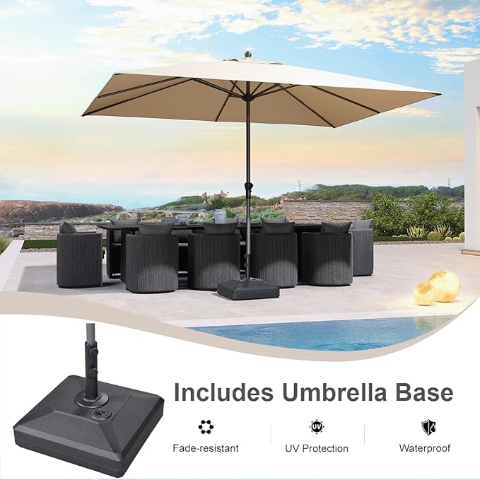 PURPLE LEAF 12' x 9' Rectangle Patio Market Umbrella with Base Outdoor Table Umbrellas Aluminum Frame Sun Shade with 8 Sturdy Ribs for Garden Deck Lawn Pool Beige
