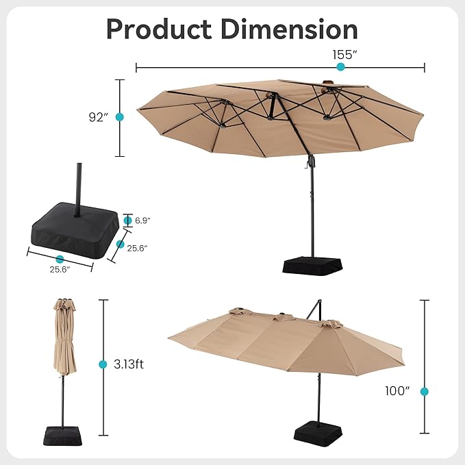 COSIEST 8 * 13FT Cantilever Patio Umbrella with Base,Large Rectangle Offset Umbrella，Heavy Duty Double-Sided Table Market Umbrella for Garden, Pool, Deck Shade, Khaki